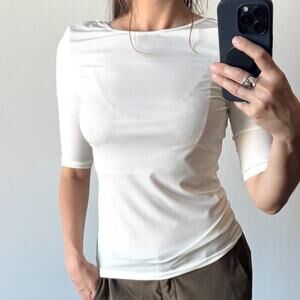 AMOMENTO White Ribbed Cut-out Back T-Shirt